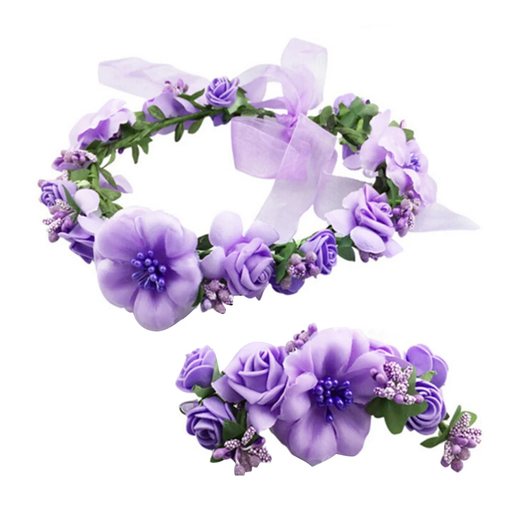 

2Pcs Flower Wreath Crown Adjustable Floral Headband Garland with Flower Wristband for Wedding Festival Party (Purple)