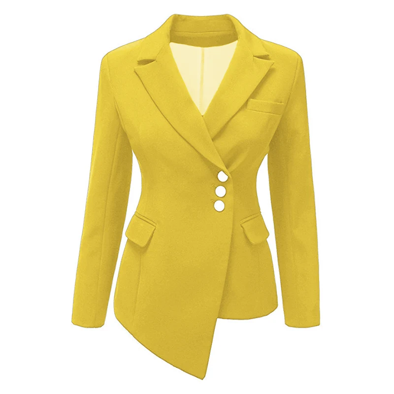 Осенний Блейзер, Женское пальто, однотонный необычный длинный рукав, блейзер с v-образным вырезом, костюмы, повседневные тонкие блейзеры, куртка, верхняя одежда, яркие цвета - Цвет: Цвет: желтый