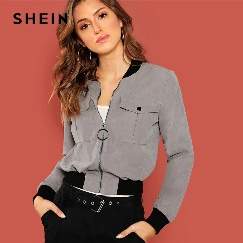 

SHEIN Grey Casual Solid Button Zip Up Flap Pocket Stand Collar Bomber Jacket 2018 Autumn Modern Lady Women Coat And Outerwear