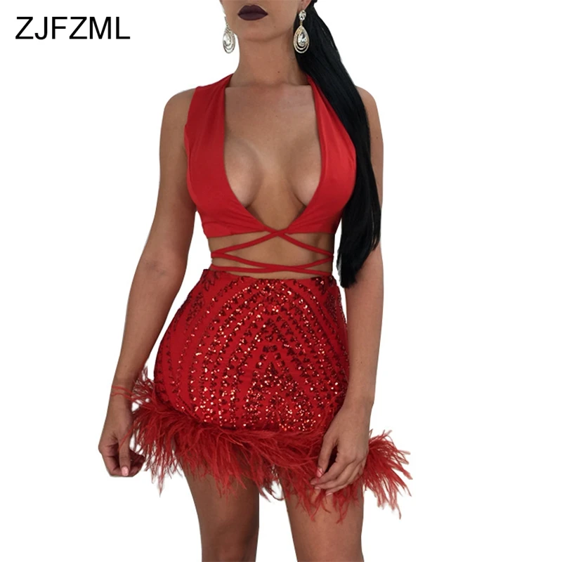

ZJFZML Feather Bottom Sexy Two Piece Dress Women Red Shiny Sequined Party Dress Black Deep V-Neck Sleeveless Lace Up Mini Dress