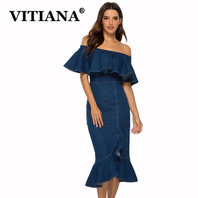 VITIANA, женское джинсовое облегающее платье, лето, женское, с оборками, без бретелек, с открытыми плечами, облегающее, для вечеринки, для девушек, для офиса, Vestidos