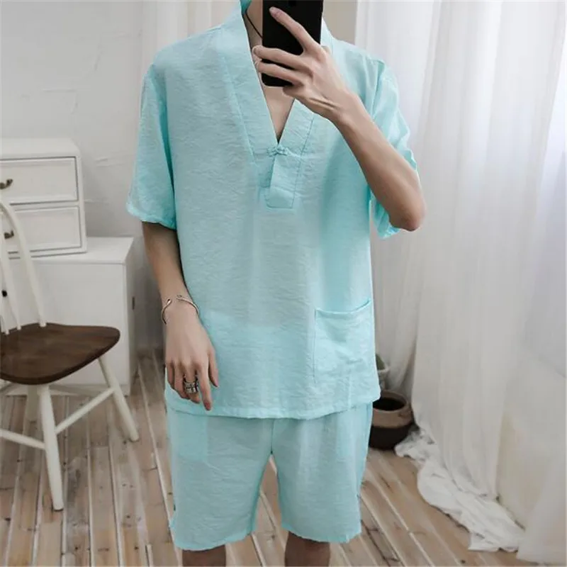 Tang cool/2019 г. летняя футболка для отдыха с короткими рукавами и v-образным вырезом + шорты в китайском стиле с пуговицами в стиле ретро 8837-P65