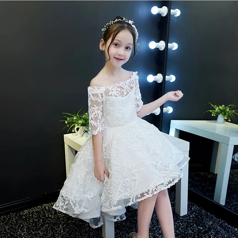 Kids Girls Shoulderless Wine-red White Color Birthday Evening Party Dress Babies Summer Dress Piano Performance Wedding Dress