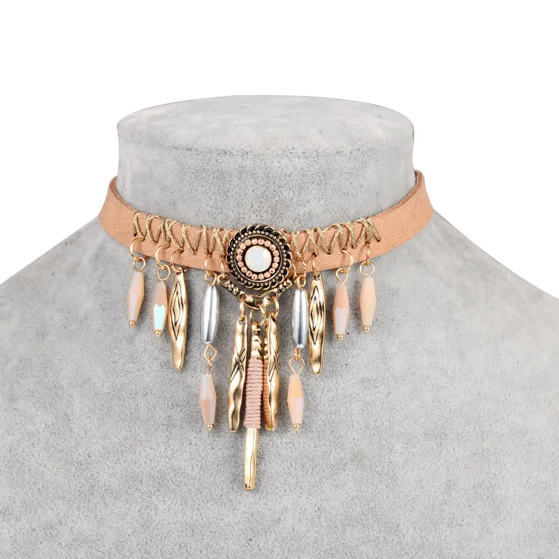 Bohemian Tassel Choker Necklace With Brown Leather Chain*