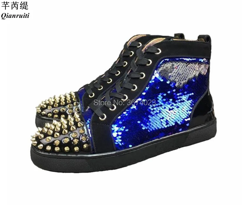 

Qianruiti Men Glitter Bling high -top Sneakers Gold Rivets Shoes Platform Flat Casual Shoes Sneakers Ankle Boots Lace Up Shoes