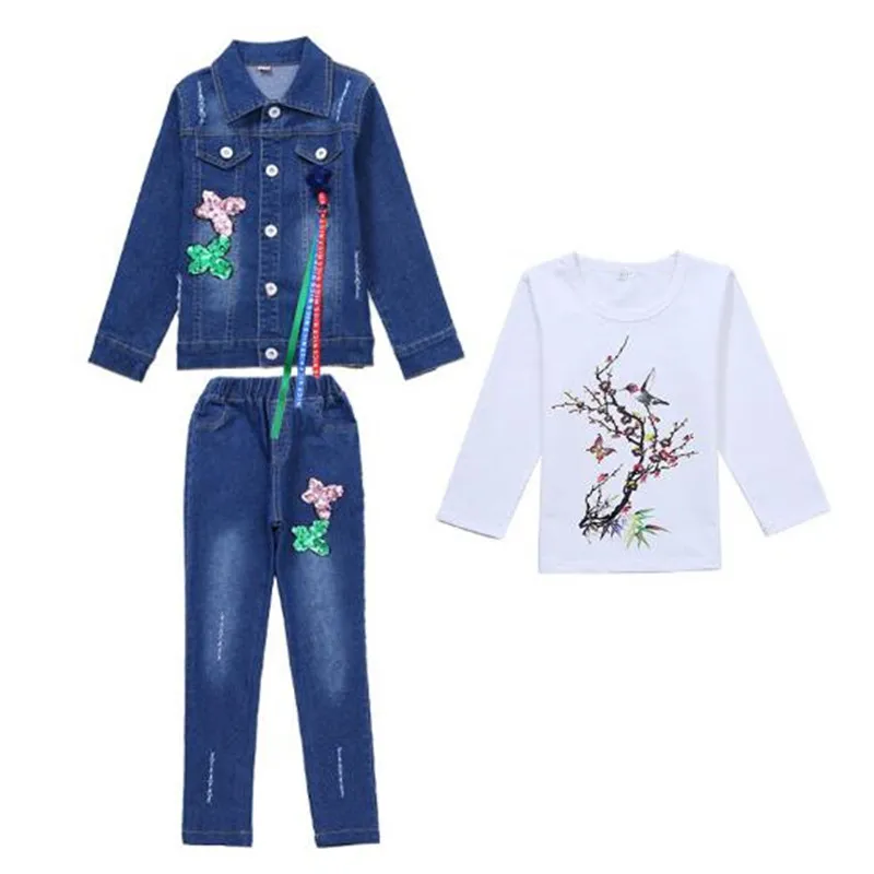 Coat Pants Shirt Детские весенние комплекты одежды для девочек джинсовые костюмы для девочек, спортивный костюм детский костюм куртка+ джинсовые рубашки От 4 до 15 лет с цветами - Цвет: Coat Pants Shirt