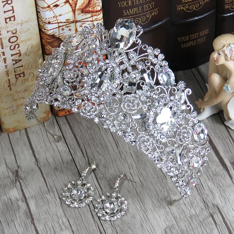 

2018 latest design large brides tiaras and Crown Earring Set head wedding hair accessories