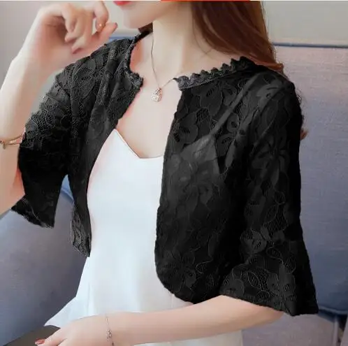 2019 جديد وصول المرأة سيدة الصيف نصف كم شير لينة الشيفون بوليرو يقشعر جبهة مفتوحة سترة سترة رقيقة قصيرة الدانتيل معطف