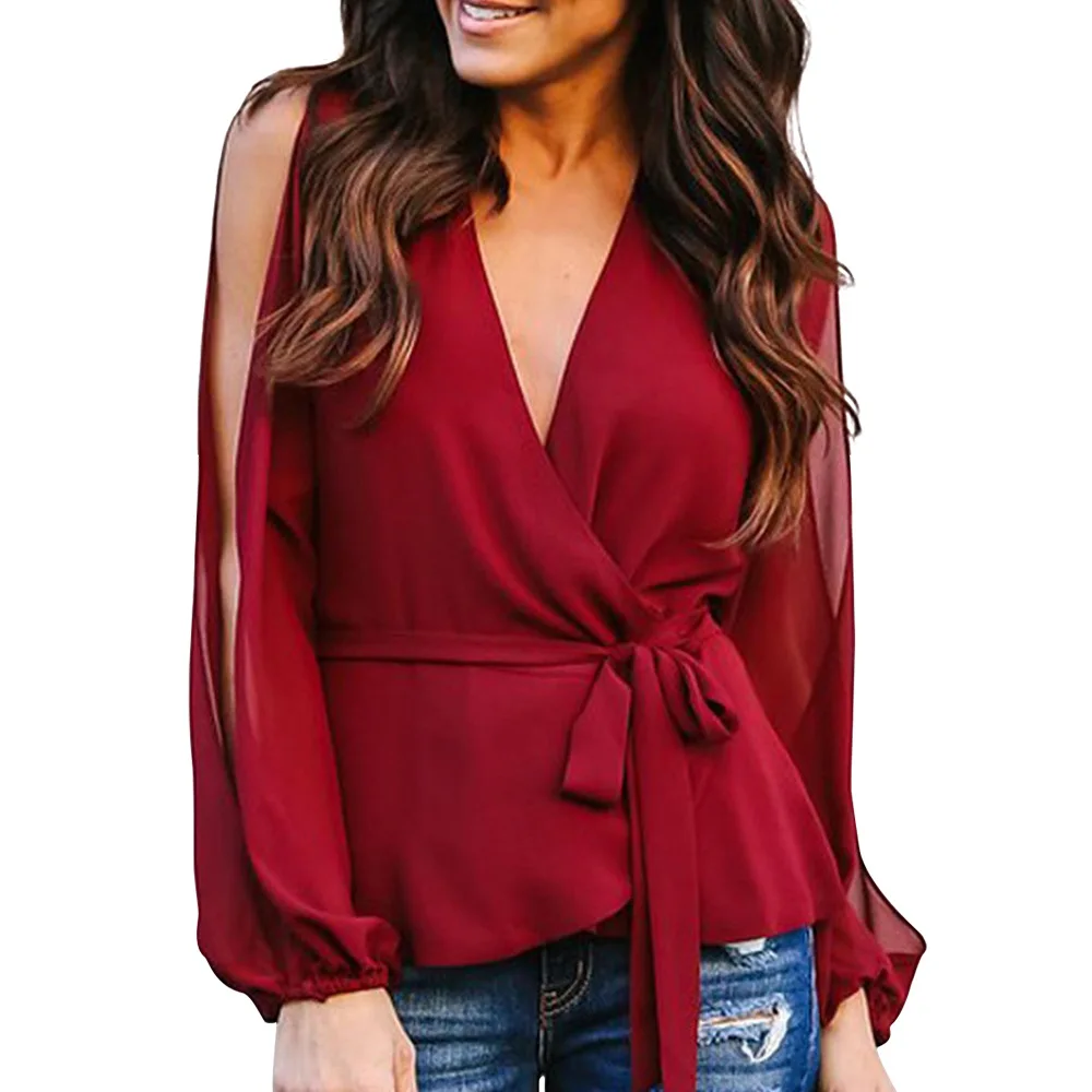 

Women's fashion Slit Sleeve Plain Loose Knotted V-Neck Women's Blouse