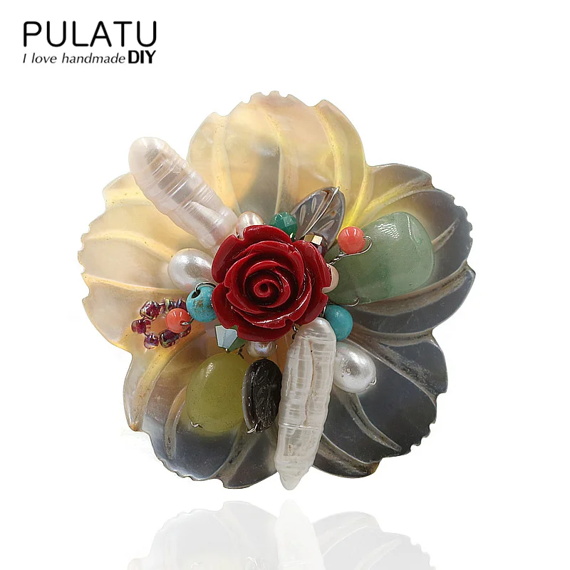 

PULATU Original Handmade Shell Flower Brooches for Women Fashion Jewelry Pendant Natural Stone Pins Brooch Women Birthday Gift