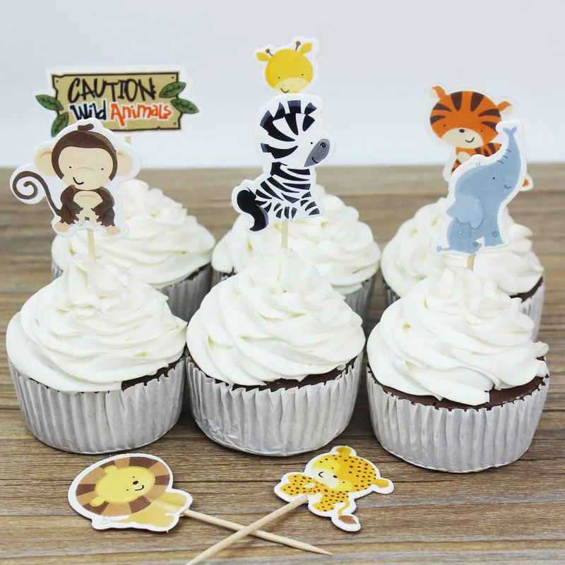 Джунгли день рождения одноразовая посуда набор джунглей животных бумажные тарелки/чашки/салфетки/вилки Детские принадлежности для душа сафари Декор - Цвет: Cupcake Topper 24pcs
