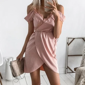 

Irregular Off The Shoulder Dress Women Ruffles Wrap Dress Nice Vogue Sexy V Neck Cute Tie Waist Beach Dresses Vestidos Sundress