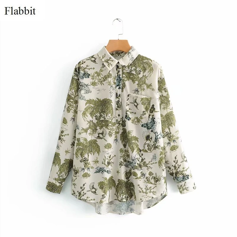 

Flabbit women vintage tropical leaves print casual beach blouse shirts women fashion chic oversized femininas blusas tops LX0372