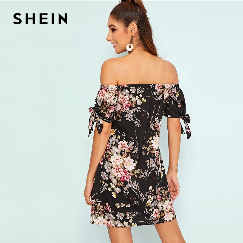 Женское платье с открытыми плечами SHEIN черное Бохо цветочным принтом и бантом