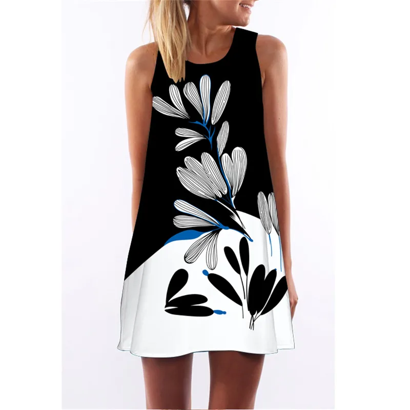 

MEIBONA Summer Dress Sexy Retro Leaf Print Dress O Neck Above Knee Loose Dress Women Beach Wear Sundress Vestidos