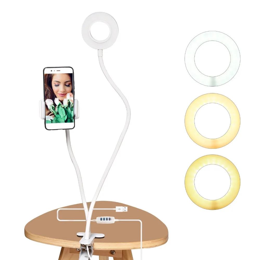  Selfie Makeup Ring Light USB LED Dimmable Photo Lighting with Phone Clip Holder Lazy Bracket Desk f