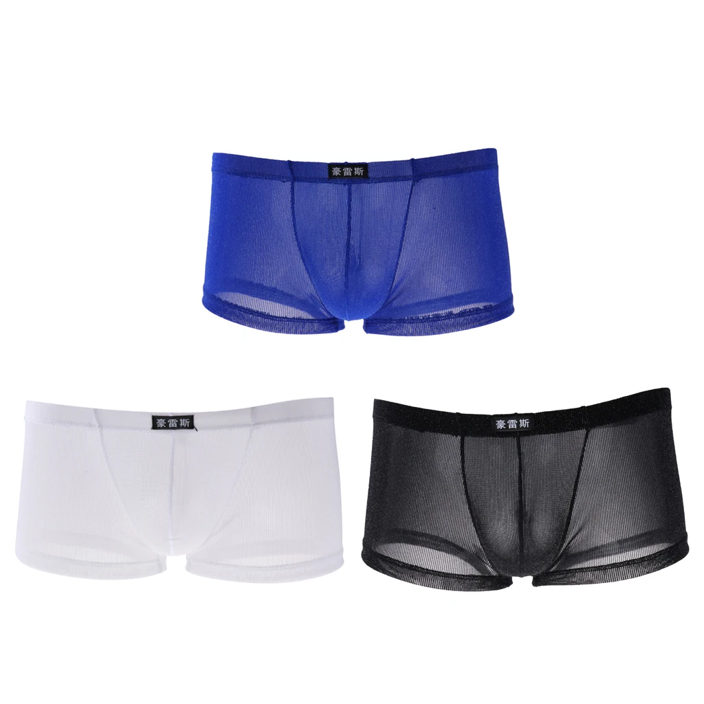 Mens Solid Sheer Underwear Glitter Hollow Out Boxers Shorts Semi-transparent Mesh Underpants