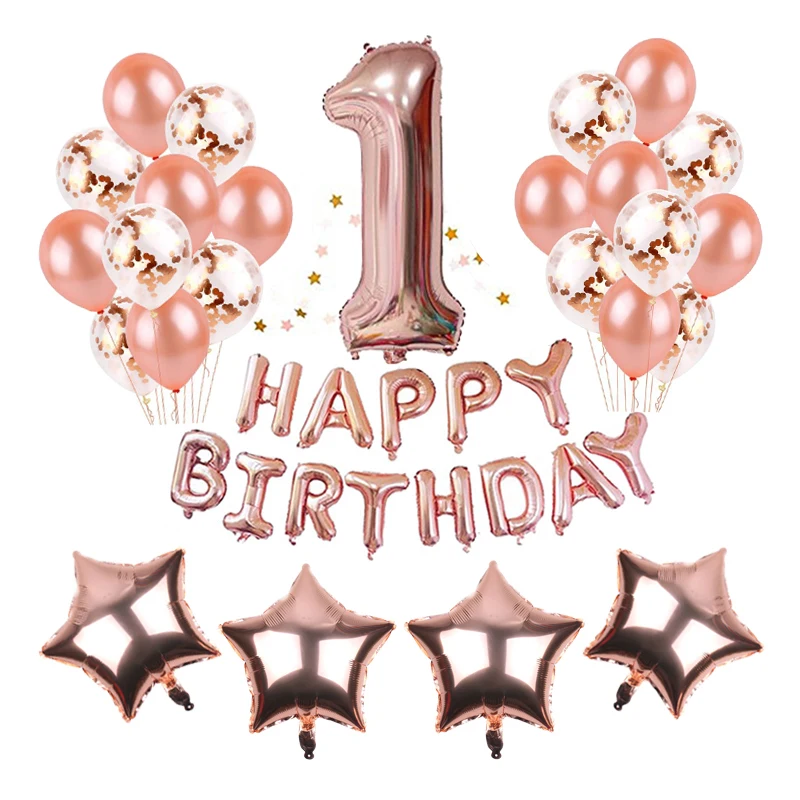 

2019 Happy Birthday pink Banner rose Gold Number Balloons1st Birthday Party Supplies and Rose Gold Party Decorations