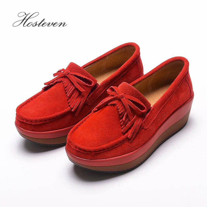 Plat Hosteven Chaussures Cuir Femmes Femelle Printemps Chaussure En Black red Femme Automne Mocassins Daim Vache gray De Frange blue rxf48f