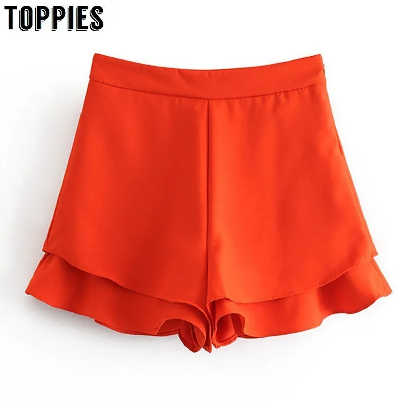 

2019 Summer Orange Hot Shorts High Waist Cascading Ruffles Shorts Skirts Womens Solid Color Skorts
