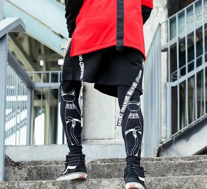 Fashion Street Wear Summer New Men Shorts Side Ribbon Cross Drawstring Hip hop Street Dance Men Summer Running Bodysuit Leggings6