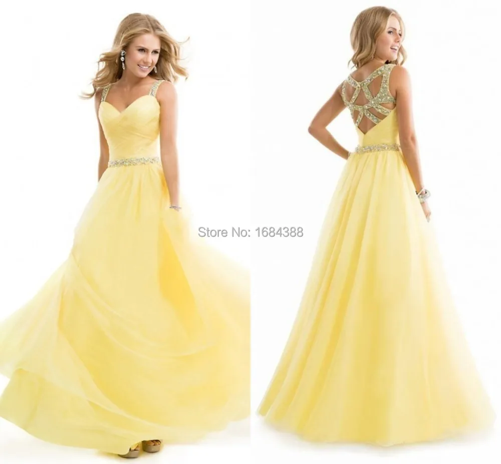 Increíble amarillo Prom vestidos Hot Sale barato pura correas rebordear