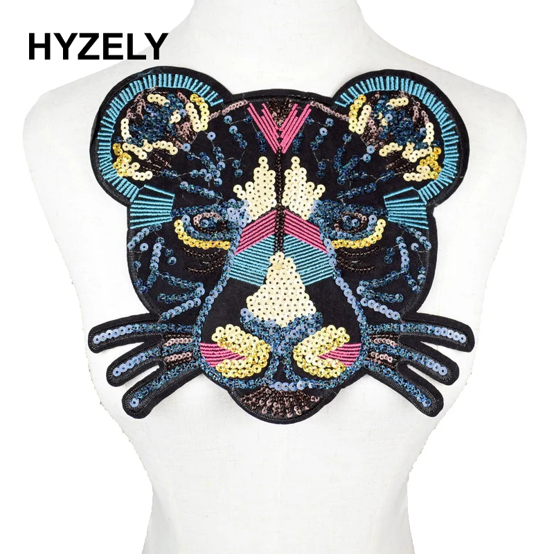 Hot 3d large gold sequins tiger head patch DIY clothes patches for clothing sew on embroidered leopard applique crafts stickers