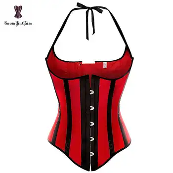 

Halterneck Corset Top Color Stripe Front Buckle Bustier Sexy Women Under Bust Satin Corselet Plus Size 6XL Boned Body Shaperwear