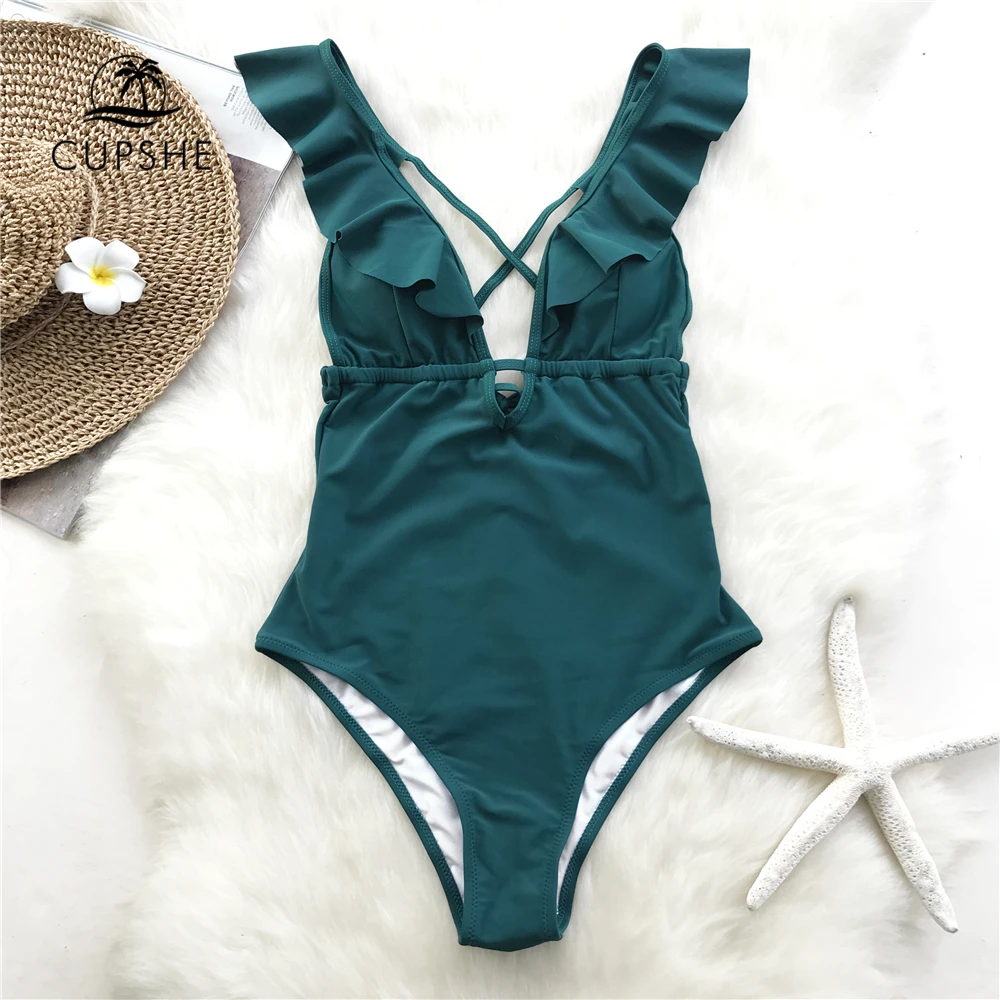 

CUPSHE Green Ruffle One-piece Swimsuit Women V-neck Tied Back Backless Solid Monokini 2019 Beach Plain Bathing Suit Swimwear