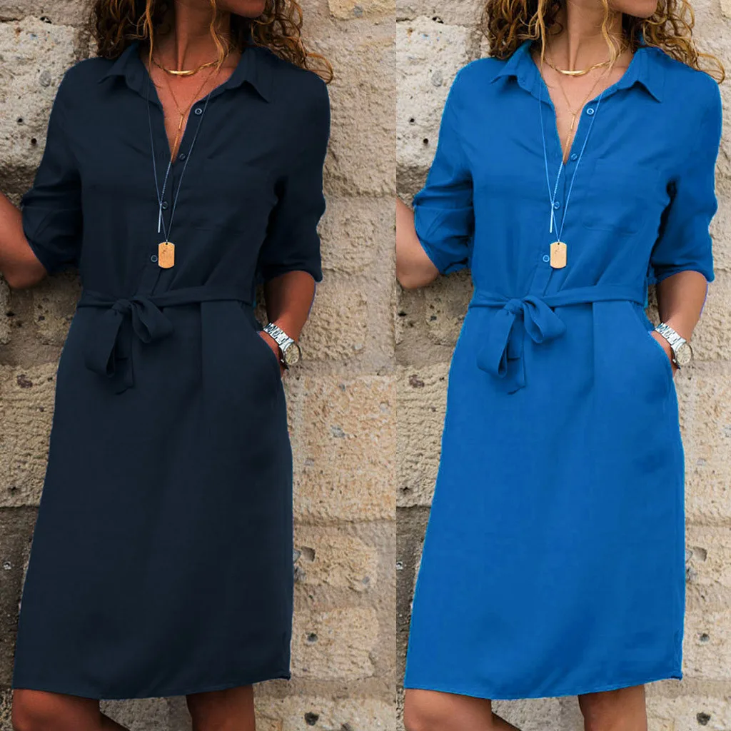 

Women Winter elegant Daily Casual Long Sleeve Empire Button Loose Ladies V-neck Belted Work MIni Dress plus size 2 color