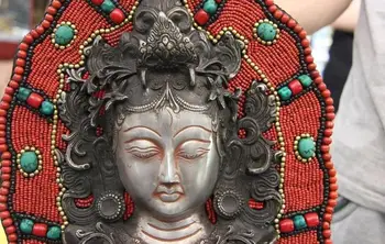 

Tibet Buddhism Silk Cloth inlay Red ruby Turquoise Guan Yin Kwan-yin Face Mask