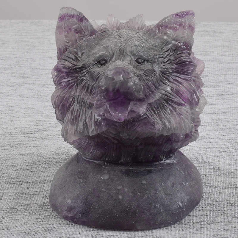 

Modern Natural Stone Fluorite Spirit Beast Wolf Head 1032g Statue Ornament Animal sculpture Crafts for Home feng shui Art