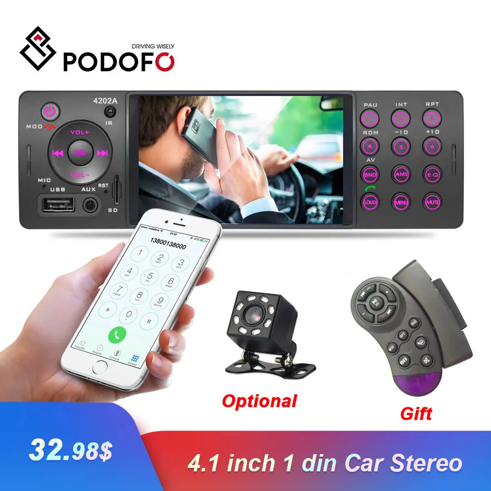 Podofo 1 Din автомагнитола Bluetooth Авторадио 4,1 ''HD Mp5 Аудио Видео плеер USB SD Авто Аудио Aux FM аудио стерео 12 в автомобильный аудио