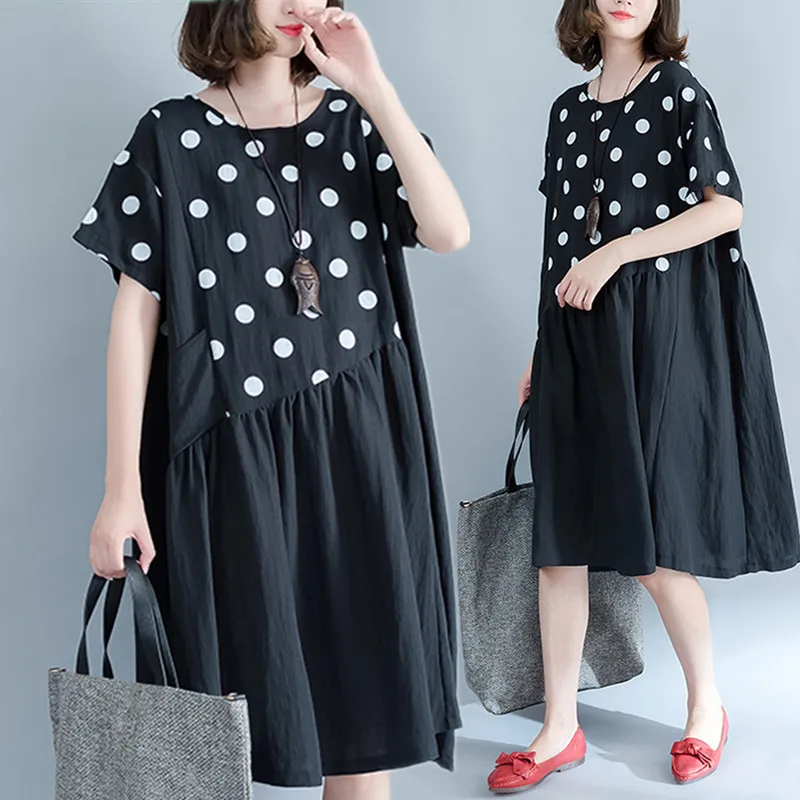 

Plus Size 5XL NEW Summer Style Women Fashion Elegant Cotton Linen Dots Patchwork Tops Lady Female Big Long Robe Dress Vestidos