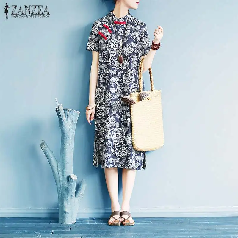 

Vintage Traditional Chinese Dress ZANZEA Summer Women's Cheongsam Dress Floral Printed Sundress Stand Collar Buttons Vestido