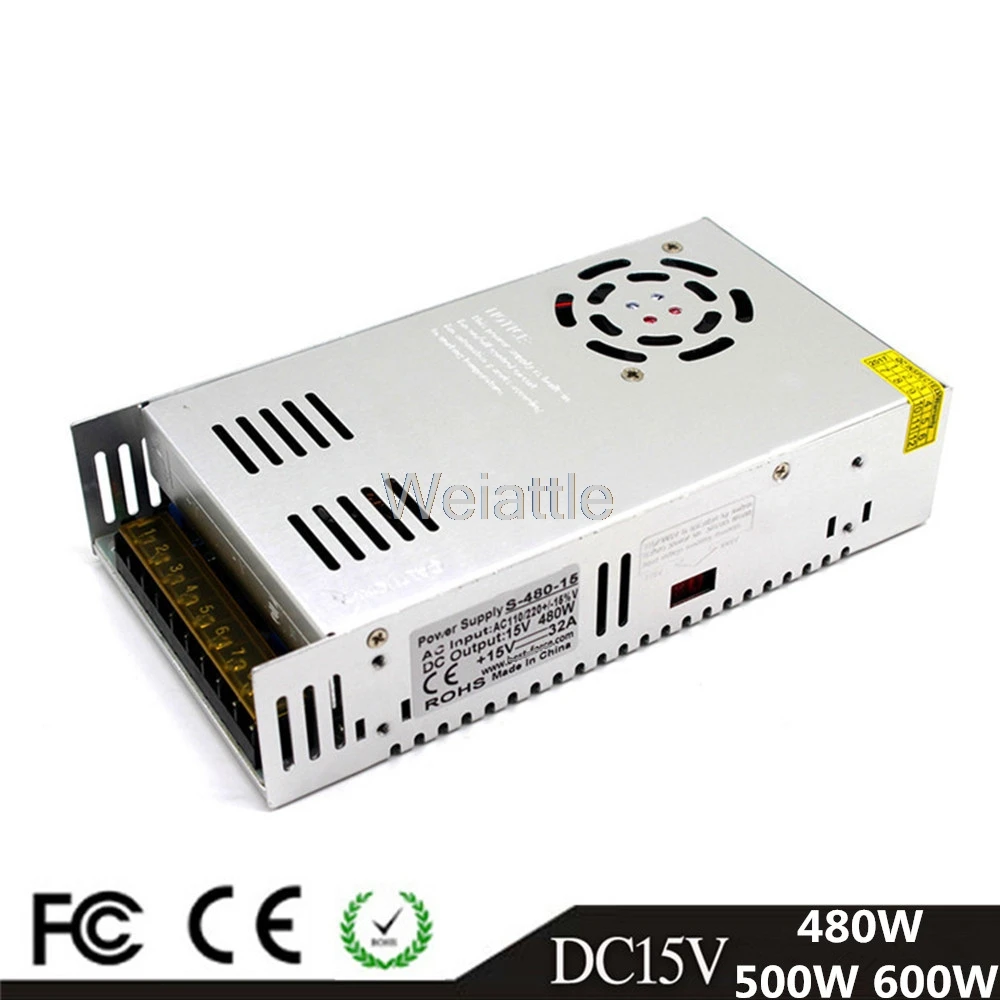 

DC15V 480W 500W 600W LED Light Belt Driver Switching Power Supply 110/220VAC Constant Voltage Transformer Monitoring CCTV CNC