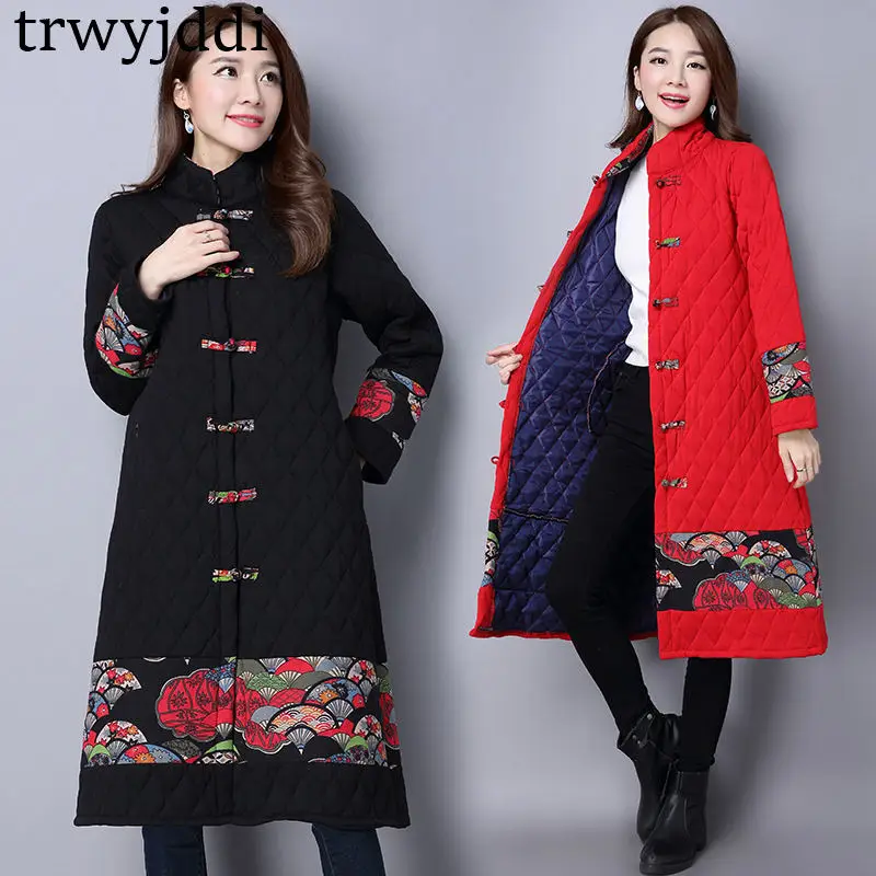 

2019 NEW Winter Large Size Long National Style Retro Button Buckle Printing Long-sleeved Cotton Jacket Women Coats N198