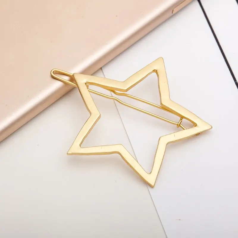 

Minimalist Women Metal Alloy Side Bangs Hair Clips Metallic Smooth Glitter Hollow Out Five-Pointed Star Hairpins Ponytail Holder