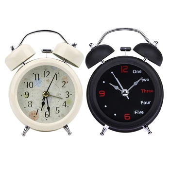 

Mechanical Alarm Clock Retro Desktop Clock Round Metal Double Bell Table Clock Light Design Alarms Black White