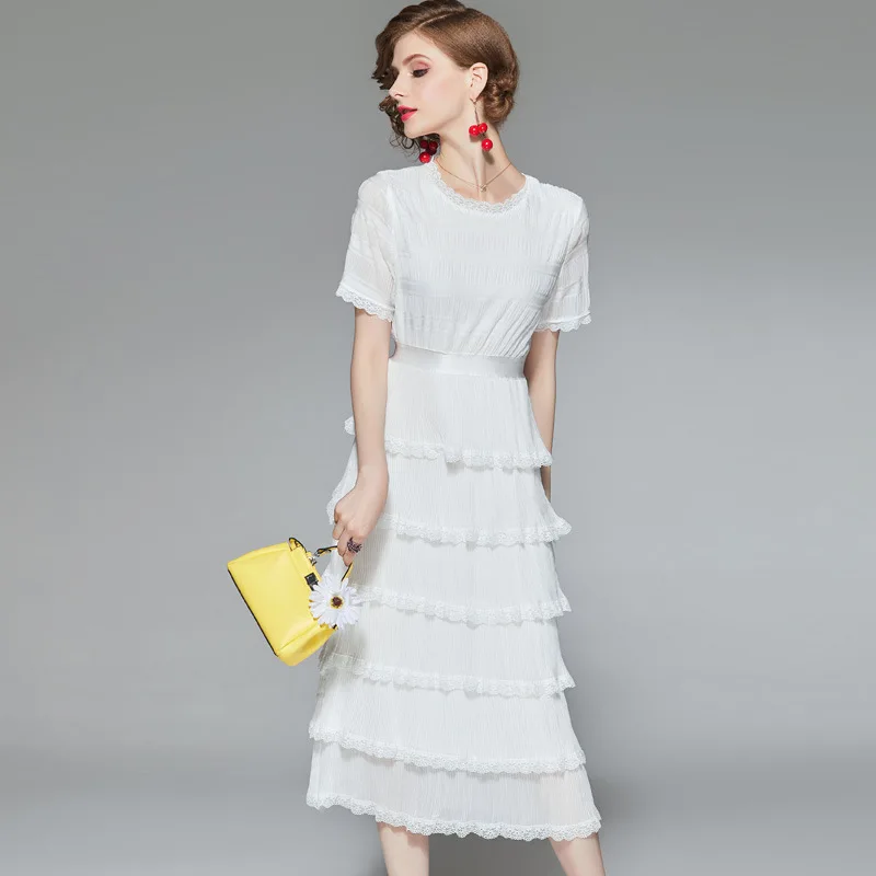 Белое платье Лето 2019 женские новые Круглый вырез короткий рукав кружево края сплошной цвет тонкий элегантный торт платье миди Midi