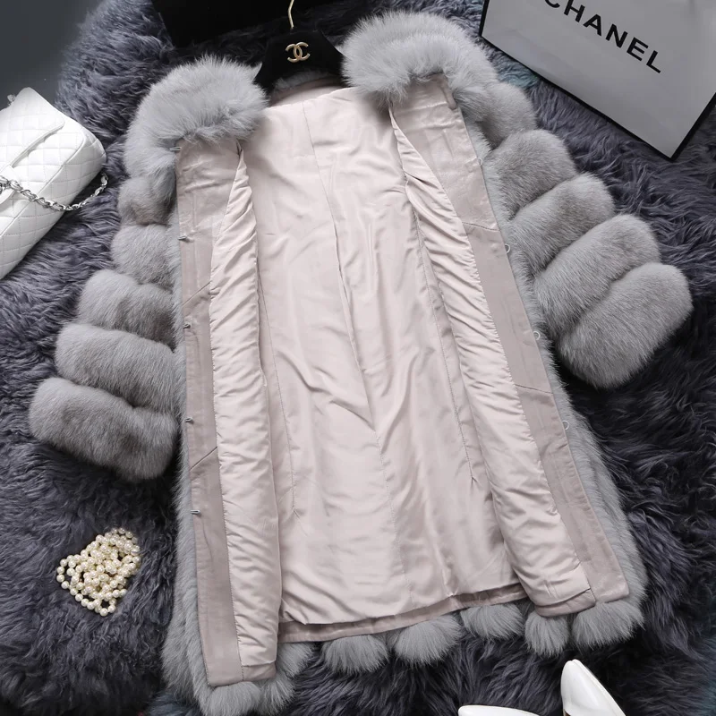 Tatyana Furclub Real Fur Coat 70CM Length Natural Silver Fox Fur Coat Women Winter Real Fur Coats Jacket Outerwear Women Fashion