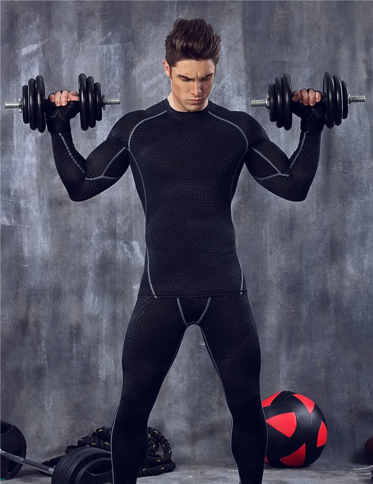Быстросохнущая одежда для тренажерного зала набор для фитнеса для мужчин обтягивающие с длинным рукавом футболка и брюки костюм для мужчин бодибилдинг тренажерный зал Спортивная одежда для бега