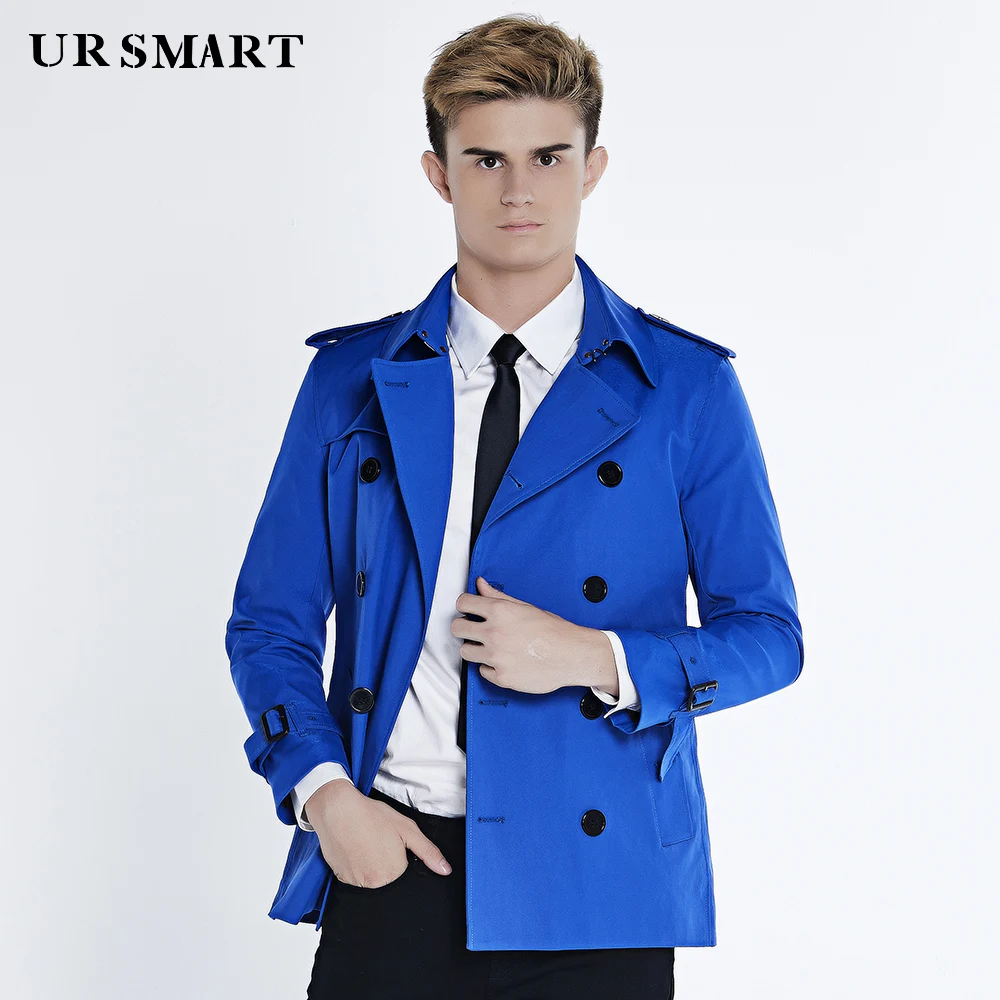 

URSMART Youth windbreaker male autumn new trench coat short double-breasted men fashion blue coat dust coat
