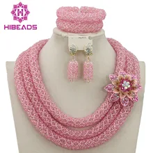 Последние свадебные кружевные украшения наборы персик нигерийские Свадебные африканские бусы комплект ювелирных изделий хрустальные бусины ожерелье ABF363