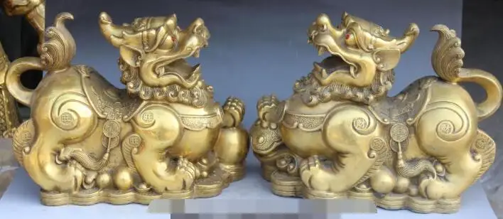 

S4763 16" Chinese Bronze FengShui Wealth Guardian beast Kylin PiXiu RuYi Statue Pair discount 30% (C0324)