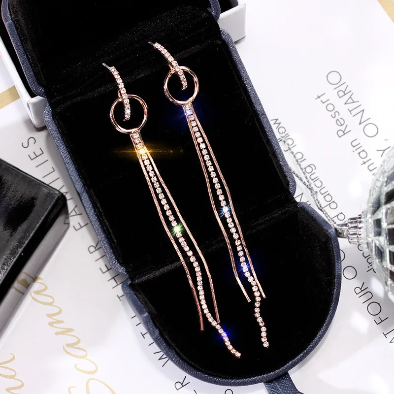 DREJEW Korean Long Tassel Statement Circle Earrings 925 Gold Silver Blue Rose Alloy High Street Fashion Drop Earrings for Women - Metal Color: rose gold