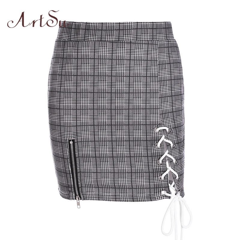Skirt ArtSu укороченный топ с открытыми плечами Mujer, сексуальная клубная одежда, черная клетчатая Майка без бретелек, топ, винтажная уличная одежда, короткий топ Cami ASVE20238 - Цвет: Skirt
