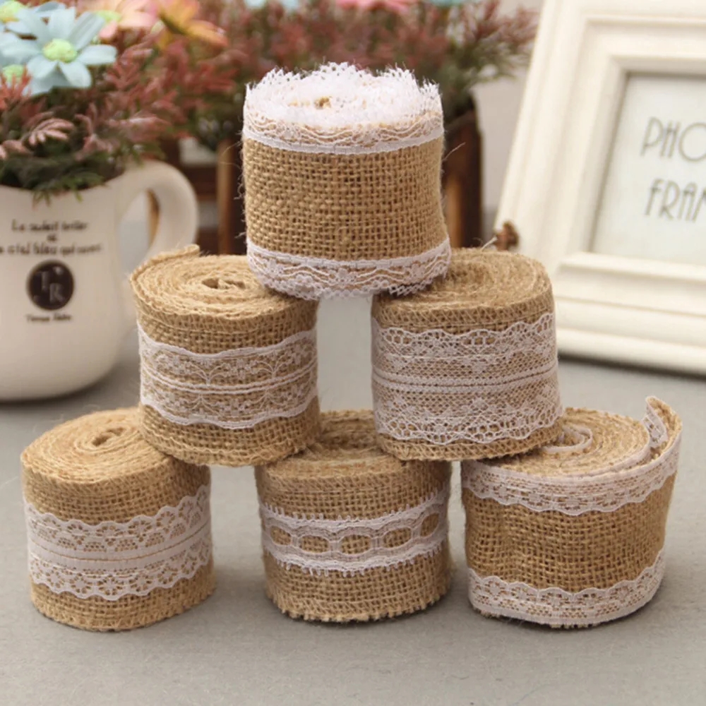 5m x 5cm Jute Burlap Ribbon White Lace on Border Decoration Sewing Craft