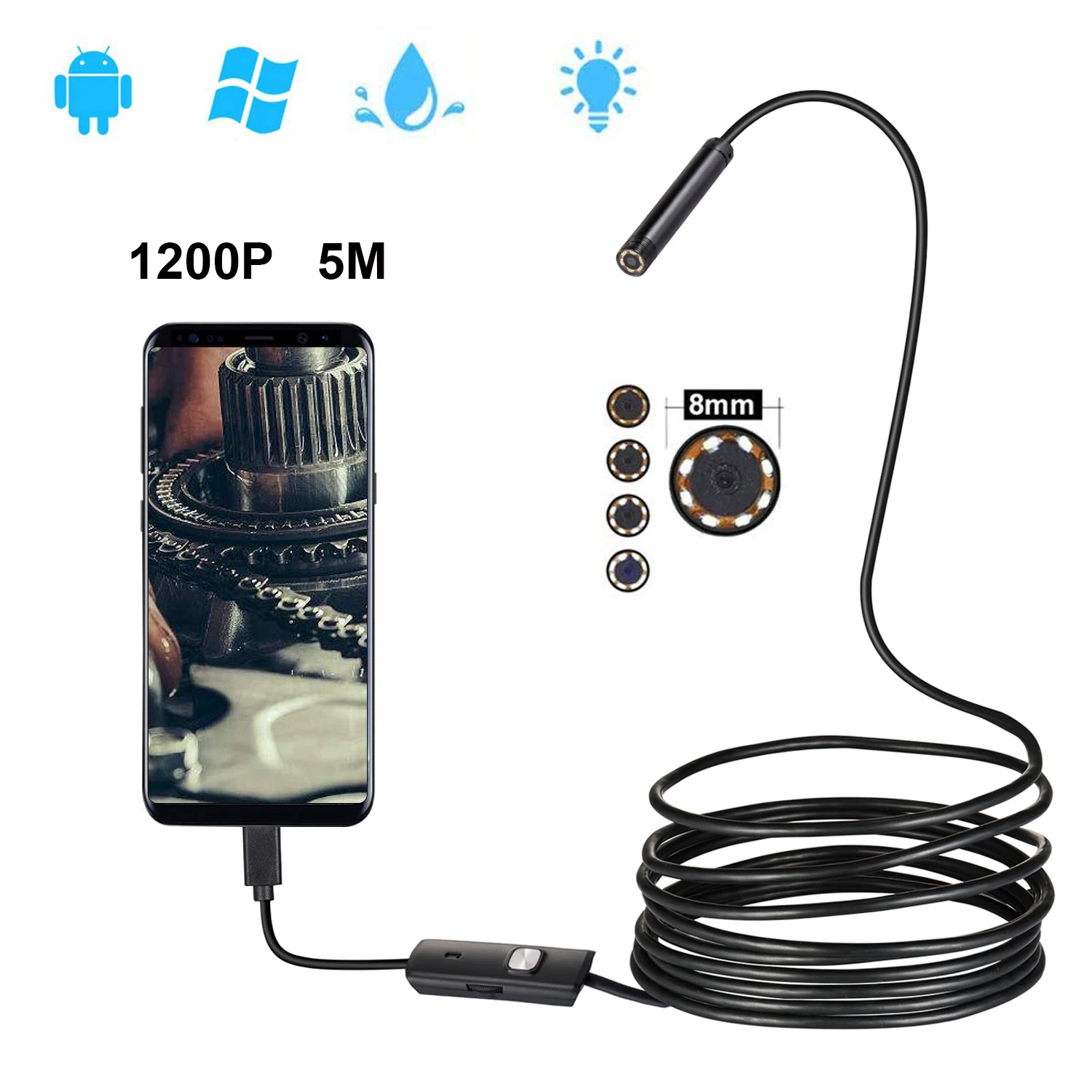 1200P 8mm Android USB Borescope Endoscope Camera HD Waterproof MircoUSB Snake Inspection Flexibe Hard Wire 2m 3.5m 5m For PC MAC |