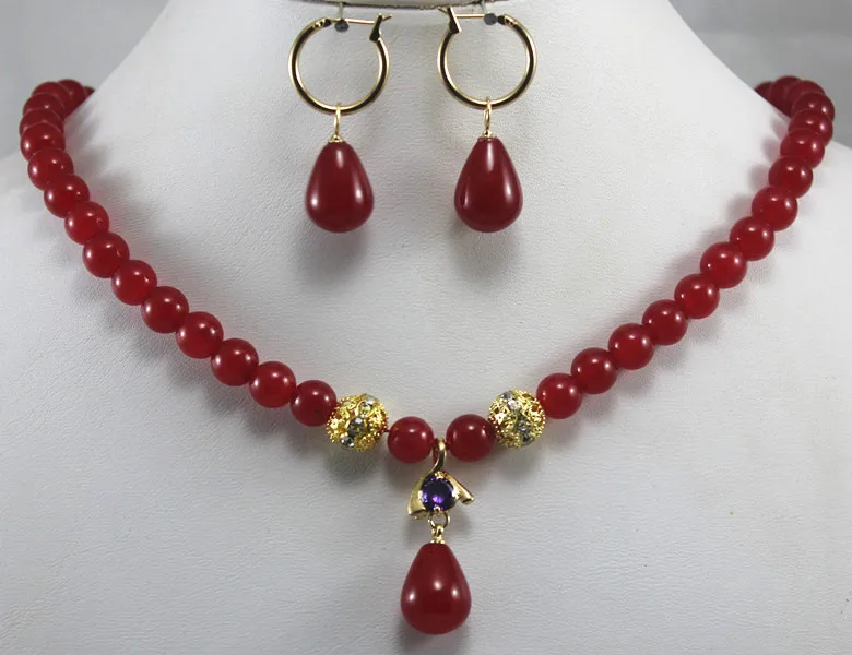 

designed 8mm red jadenecklace match waterdrop jade earrings&pendant necklace jewelry set for valentine's day gift 5.31